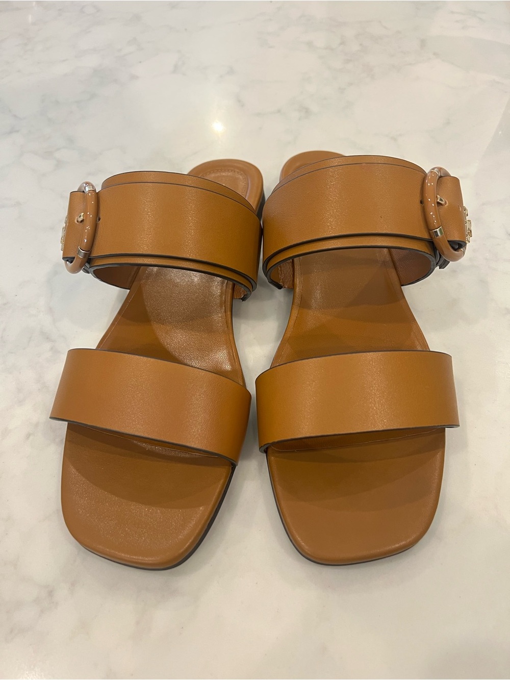 Tory Burch Cognac Double-Strap Slide Sandals with Buckle